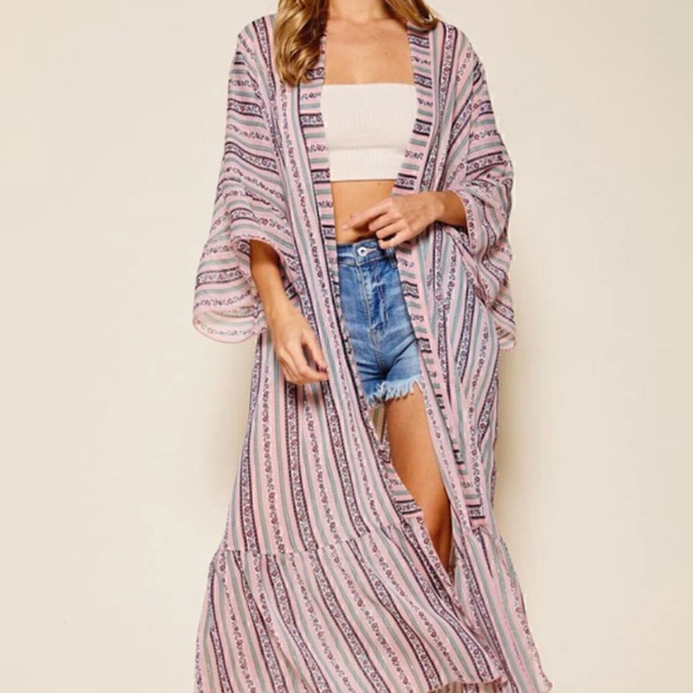 NEW! BOHO WOMEN'S 3/4 SLEEVE FLORAL SHIMMER DUSTER RUFFLED CARDIGAN MAXI